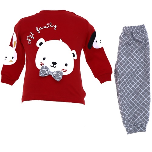 Nafitto 1335 Çocuk Ayıcık Baskı Kare Desen 2 li Takım 2 Yaş - Kırmızı