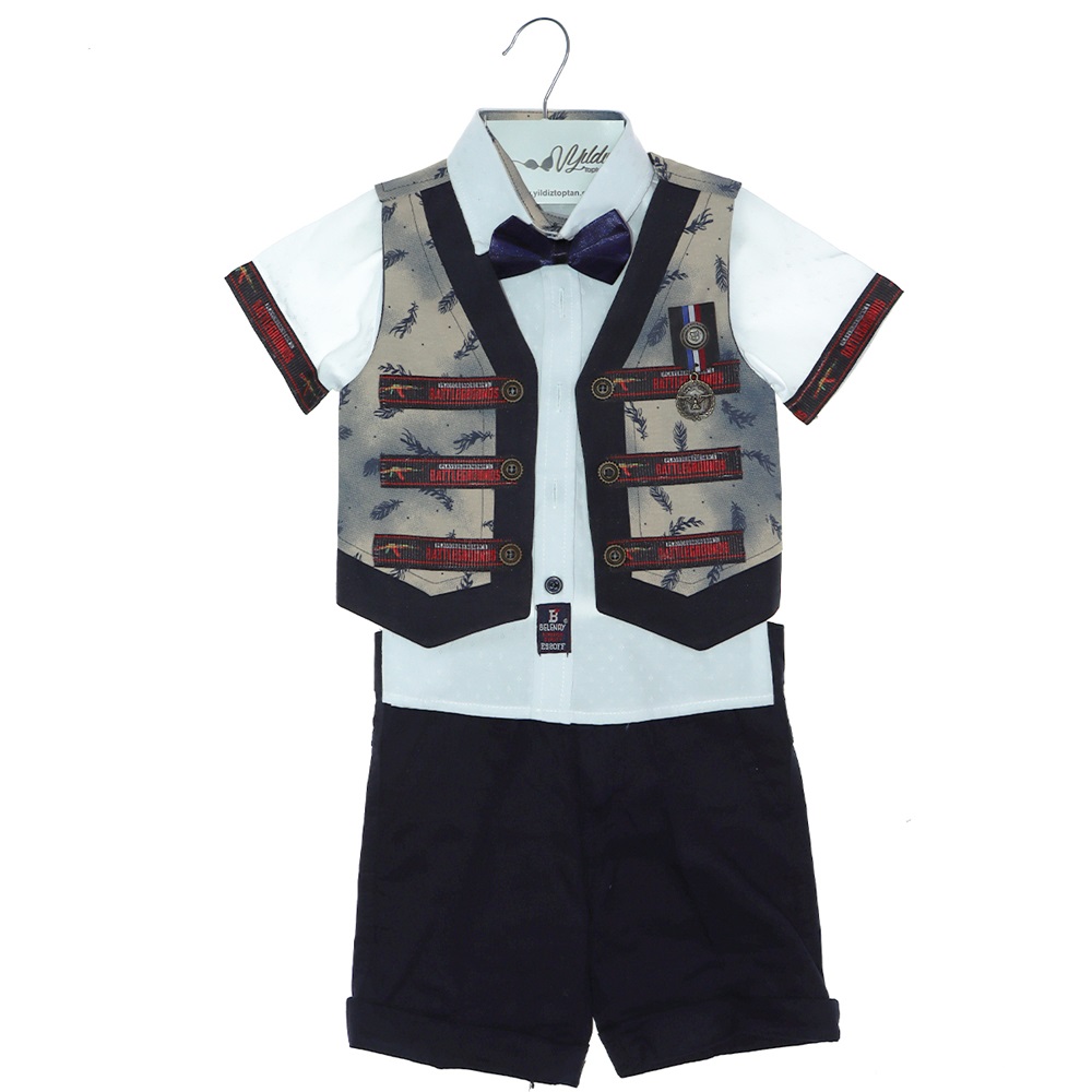 1202 Şeritli Yelekli Papyonlu Erkek 3 Lü Takım 1-4 Yaş