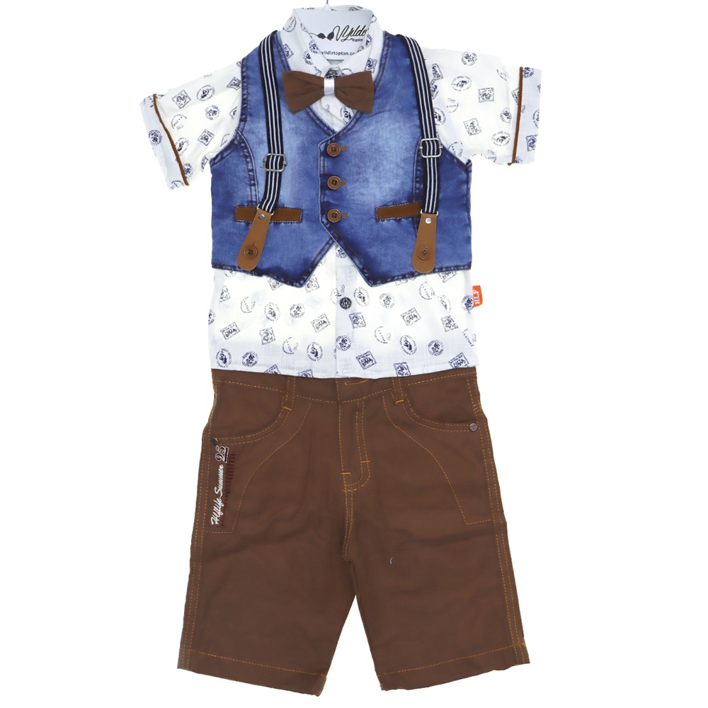 1104 Erkek Çocuk Kot Yelekli Gömlek 3lü Takım 1-4 Yaş