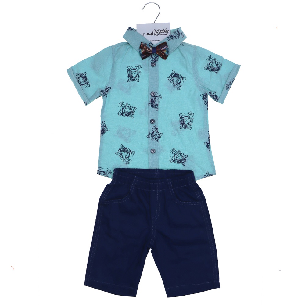 3039 Keten Şortlu Desenli Papyonlu İkili Takım 2-5 Yaş