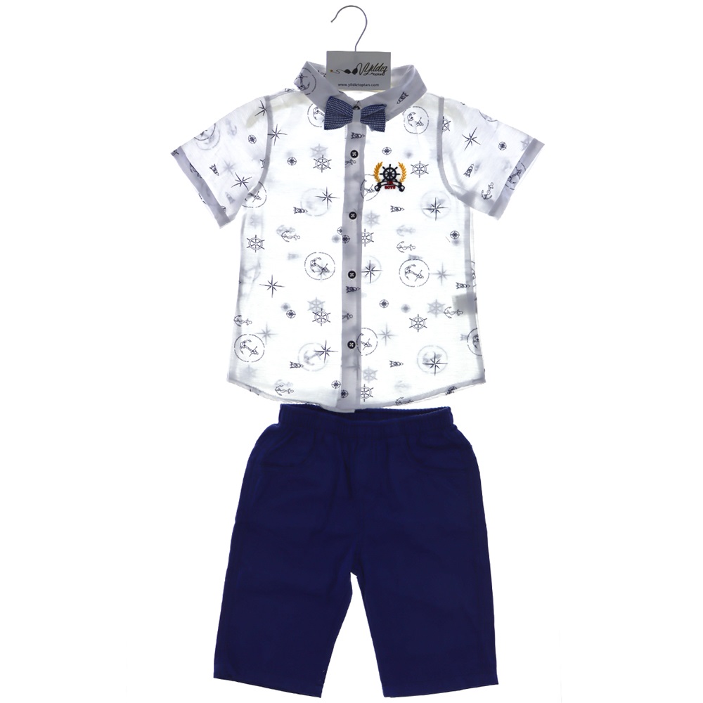 5004 Erkek Keten Şortlu Desenli Papyonlu İkili Takım 2-5 Yaş