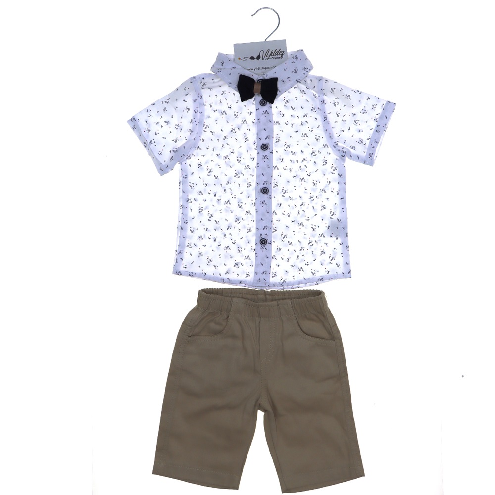 3025 Keten Şortlu Papyonlu Desenli İkili Takım 2-5 Yaş