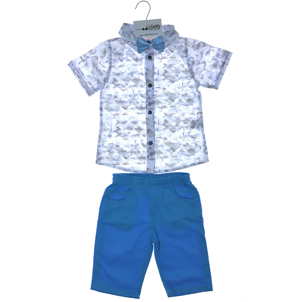 3028 Erkek Keten Şortlu Desenli Papyonlu İkili Takım 2-5 Yaş