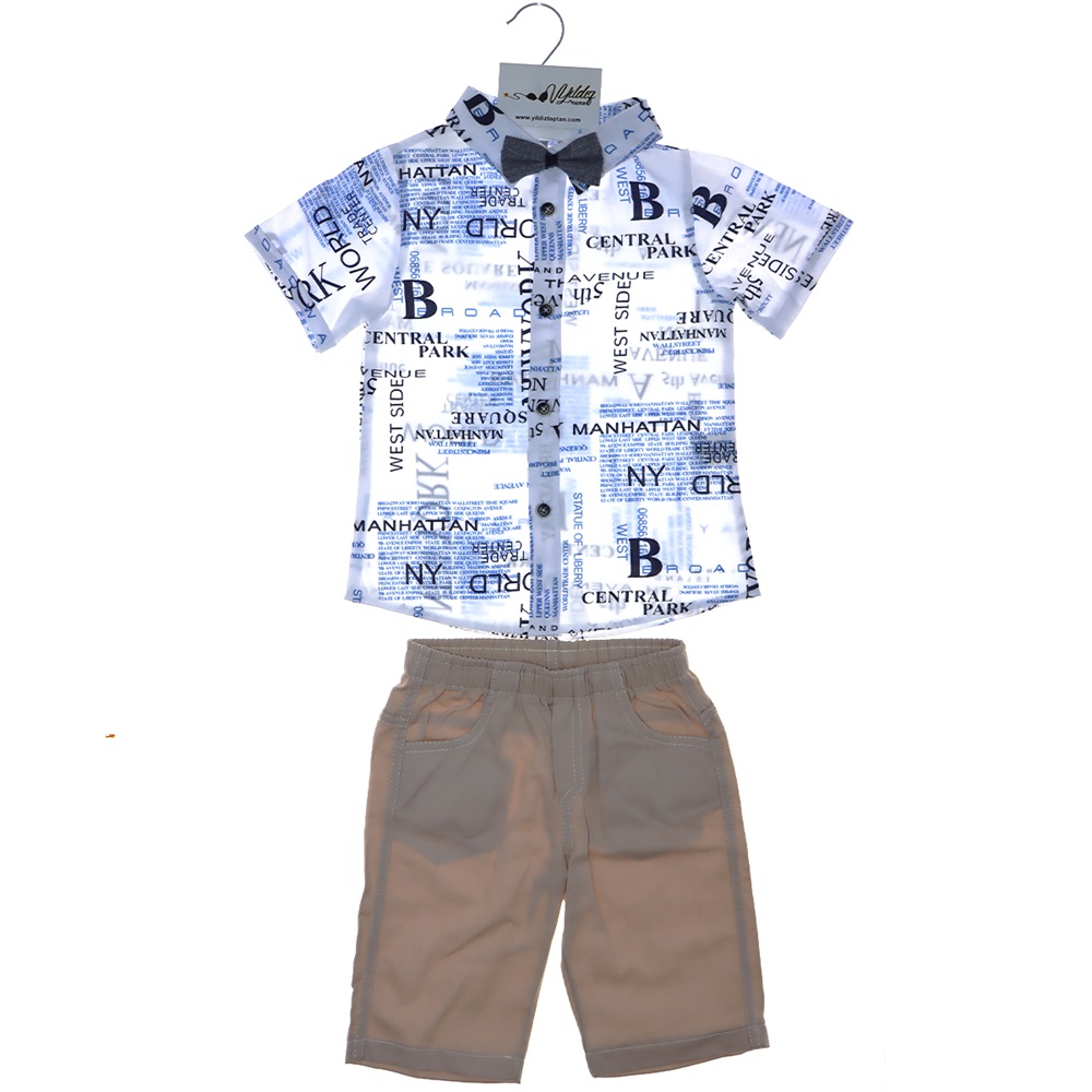 3008 Erkek Keten Şortlu Desenli Papyonlu İkili Takım 2-5 Yaş