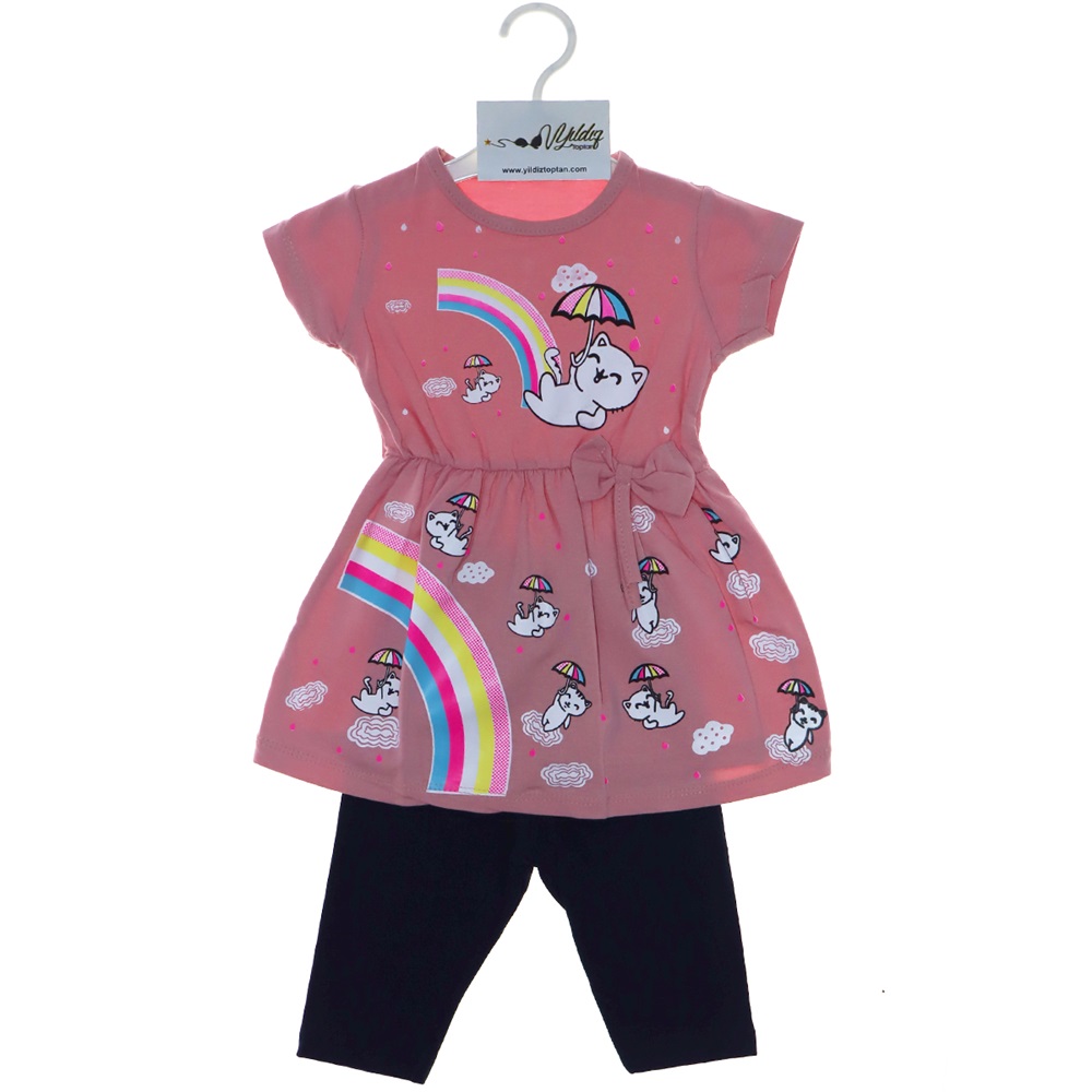 3006 Kız Çocuk Gökkuşağı Desenli Penye Taytlı Takım 2-6 Yaş