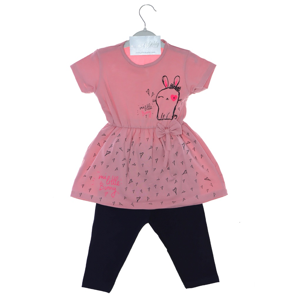 3677 Kız Çocuk Fiyonklu Desenli Penye Taytlı Takım 2-6 Yaş