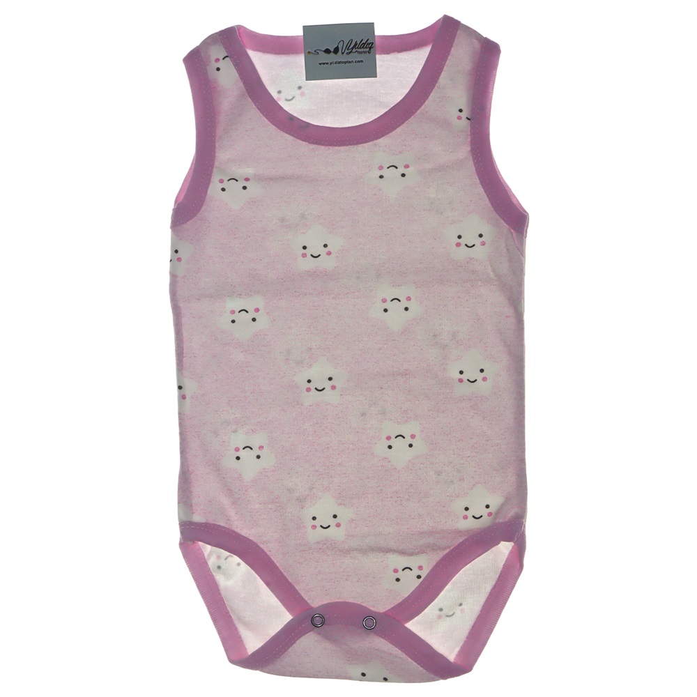 201 Yıldızlı Gülen Yüz Baskılı Bebe Askılı Çıtçıtlı Badi 3-6-9 Ay