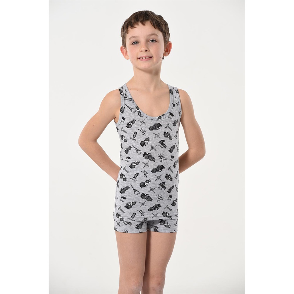 Kota 1017 Erkek Çocuk Desenli Boxer-Atlet Takım - Gri - 9-10 YAŞ