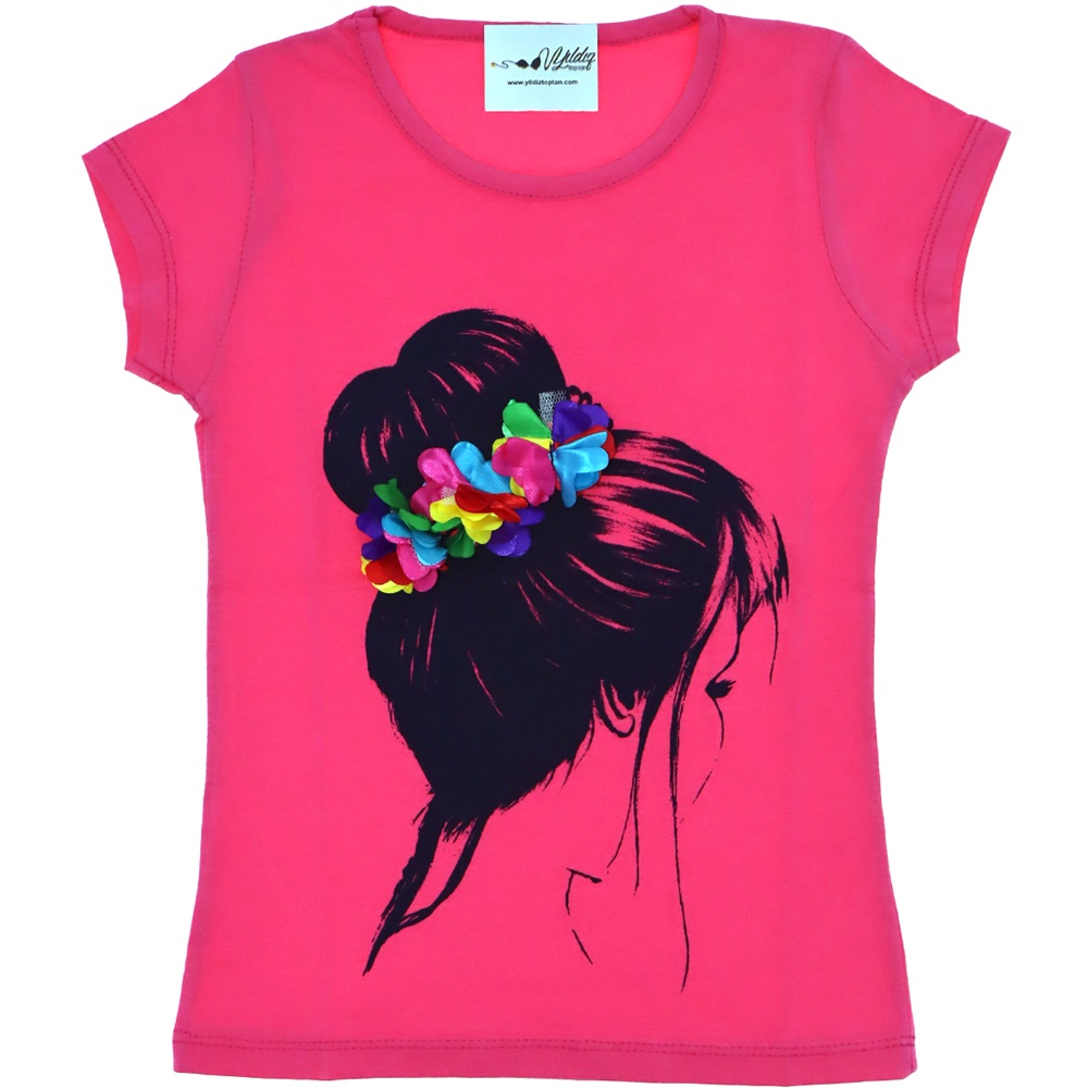 3069 Saç Çiçekli Baskılı Kız Penye Tişört 5-8 Yaş
