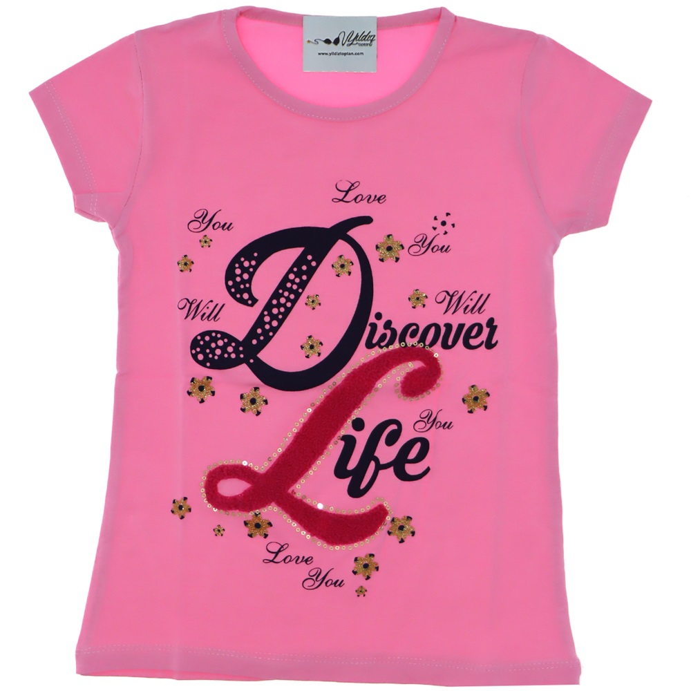 3175 D-L Süzeneli Baskılı Kız Penye Tişört 9-12 Yaş
