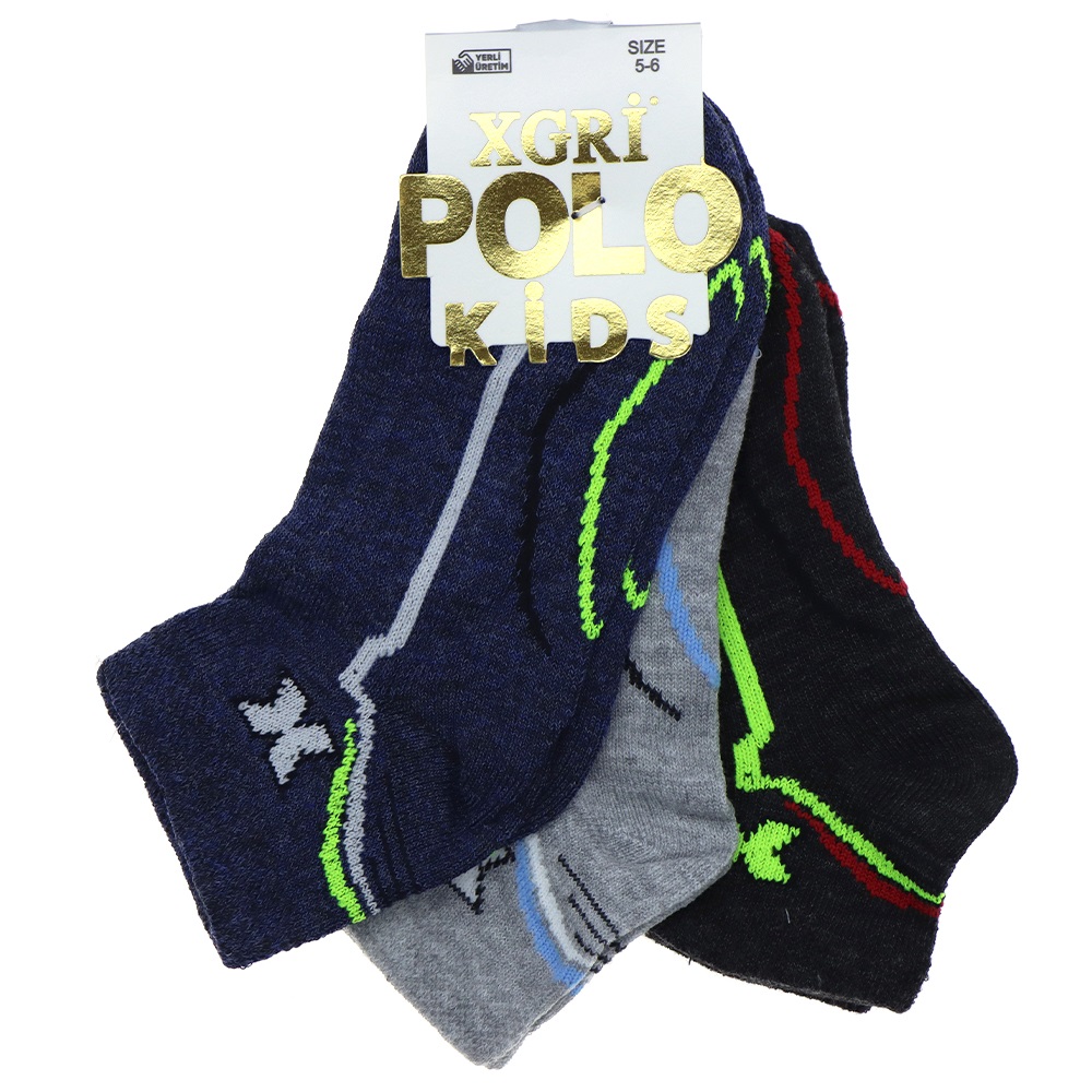 XGri Polo Ç-3 Erkek Çocuk Desenli Likralı Patik Çorap
