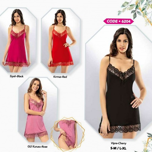 6204 Kota Bayan Likralı Penye Danteli Gecelik - G.Kurusu - S-M