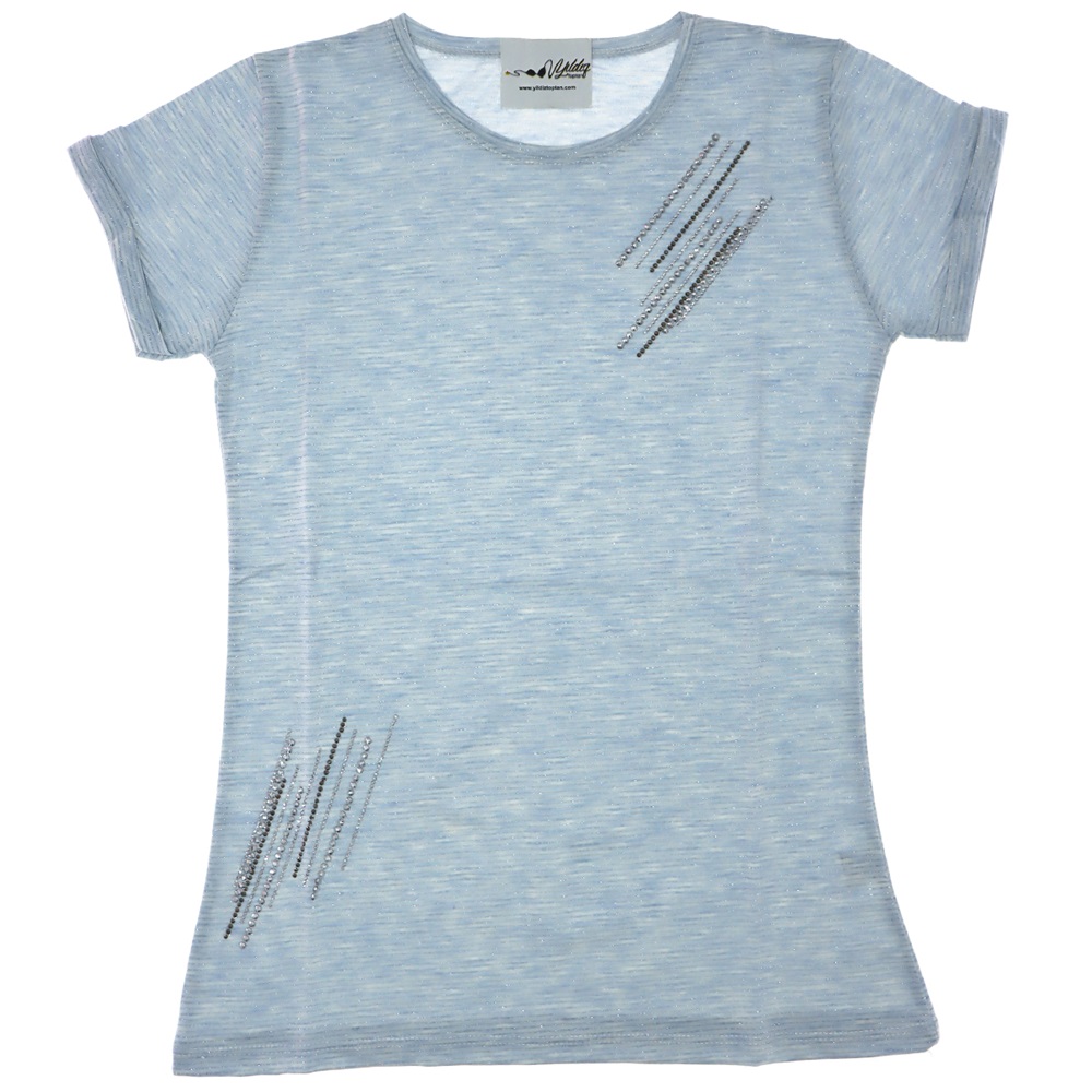 4097 Simli Kumaş Taş İşlemeli Kız Tişört 5-8 Yaş