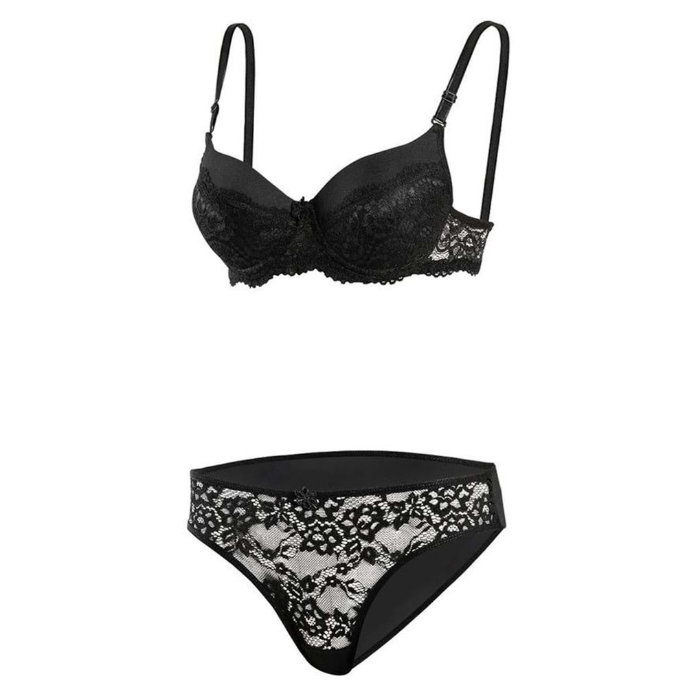 8059 Slikonlu Dolu Yarı Dantel Takım Sütyen(Destekli)- Siyah - 75-80-85-90-95
