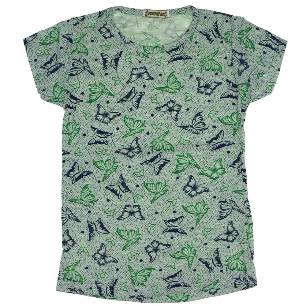 Kız Kelebek Baskılı Likralı Süprem Penye Tişört 3-6 Yaş - Yeşil