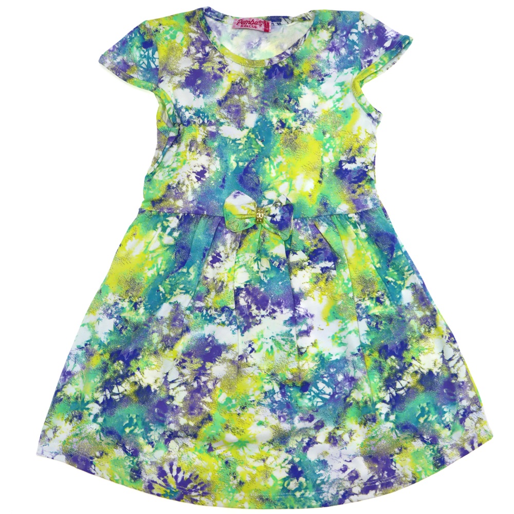 8005 Batık Desenli Penye Likralı Kız Çocuk Karpuz Kol Elbise 1-4 Yaş