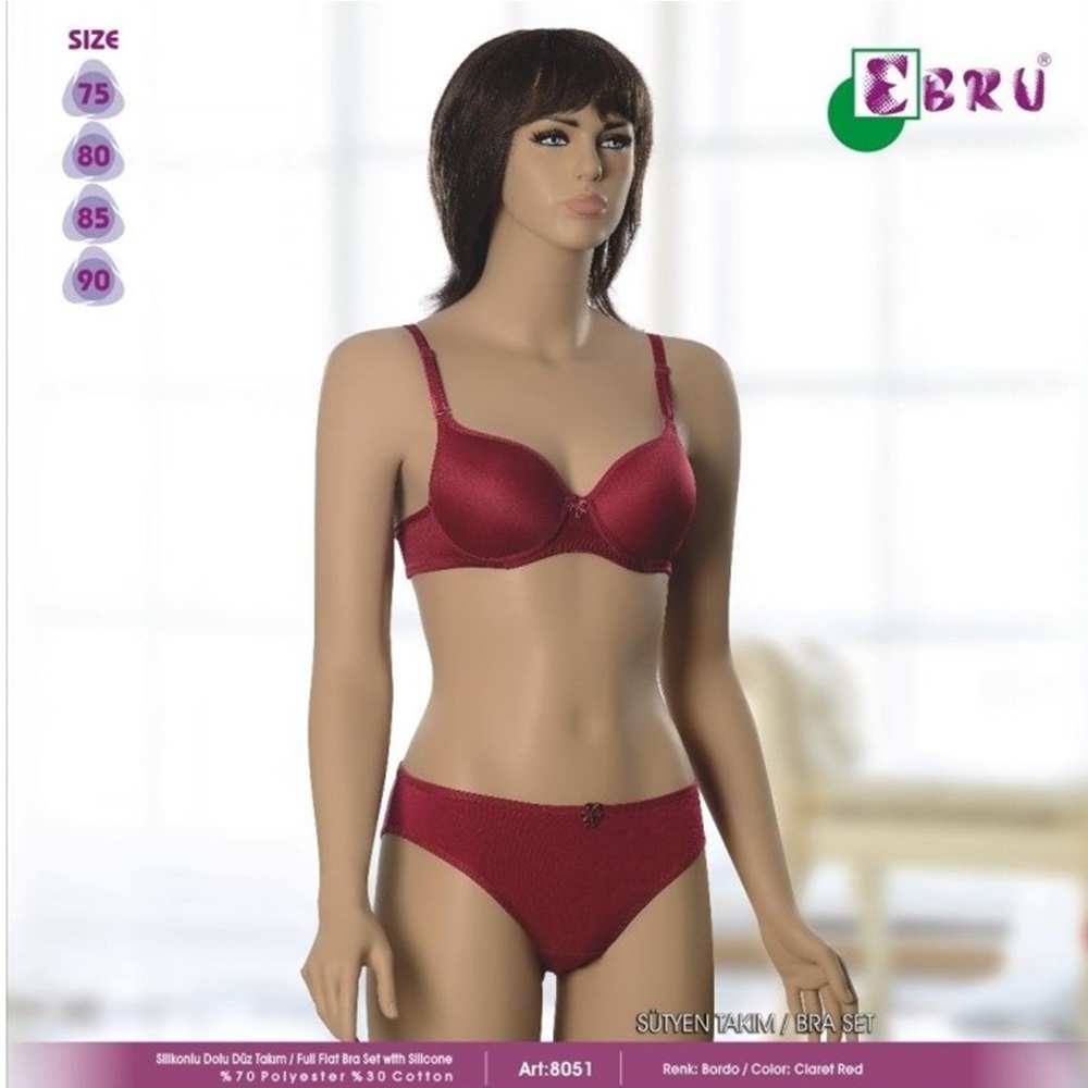 8051 Slikonlu Dolu Düz Takım Sütyen - Bordo - 75-80-85-90-95