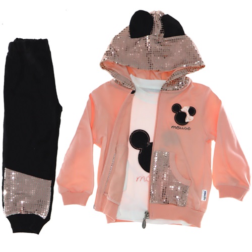 90207 Kız Fiyonklu Payetli Kapşonlu Mouse İşlemeli 3 Lü Takım 1-3 Yaş