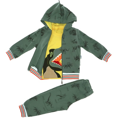 90188 Çocuk Dinazor İşlemeli Ribanalı Fermuarlı 3Lü Takım 1-3 Yaş