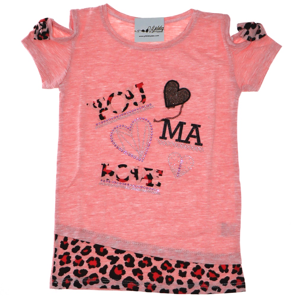 3102 Leoparlı Pencere Kol Love Taşlı Kız Çocuk Tişört 1-4 Yaş