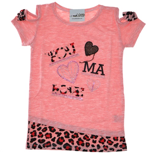 3102 Leoparlı Pencere Kol Love Taşlı Kız Çocuk Tişört 1-4 Yaş
