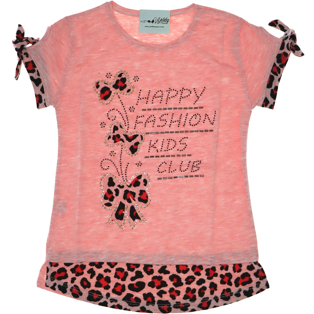 4104 Leoparlı Üç Papyonlu Taşlı Kız Çocuk Tişört 5-8 Yaş