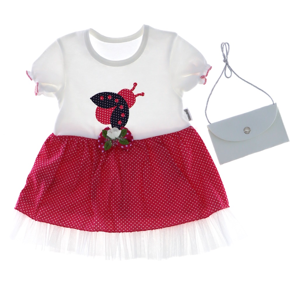 916 Uğur Böcekli Nakışlı Kız Çantalı Elbise Çocuk Takım 6-9-12 Ay