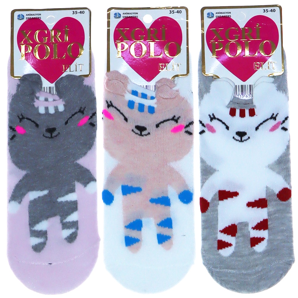 XGri Polo B-6 Bayan Üç Boyutlu Likralı Animasyon Babet Çorap - Karışık Renk