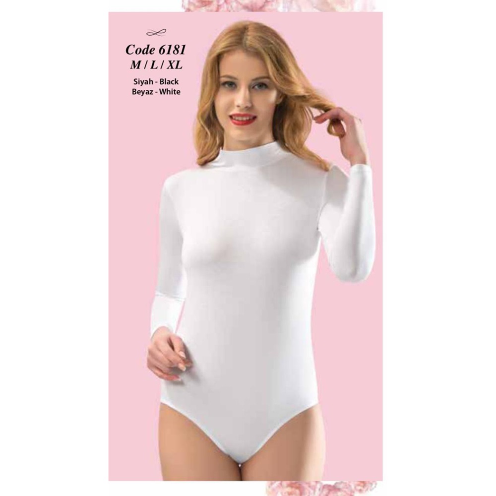 Kota 6181 Bayan Uzun Kol Boyunlu Çıtçıtlı Badi - Beyaz - M