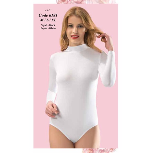 Kota 6181 Bayan Uzun Kol Boyunlu Çıtçıtlı Badi - Beyaz - L