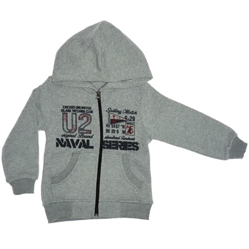 U2 Baskılı Üç İplik Fermuarlı Kapşonlu Erkek Çocuk Hırka 5-8 Yaş - Gri