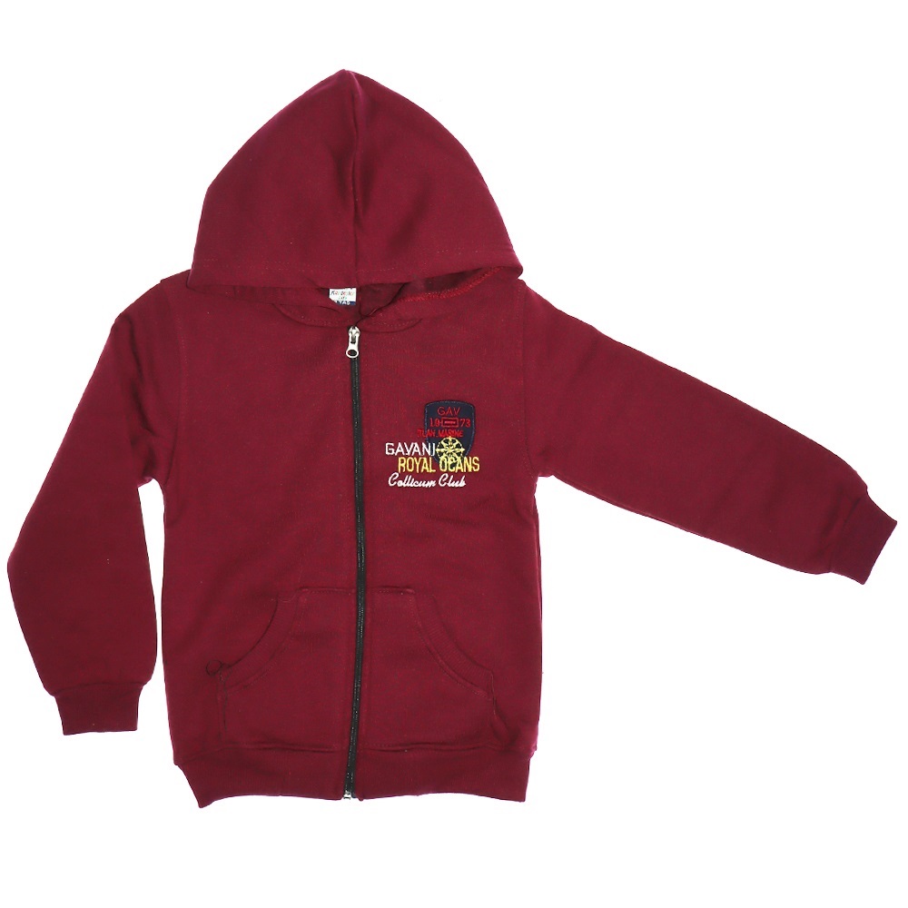 Royal Ocans Nakışlı Üç İplik Fermuarlı Kapşonlu Erkek Çocuk Hırka 5-8 Yaş - Bordo