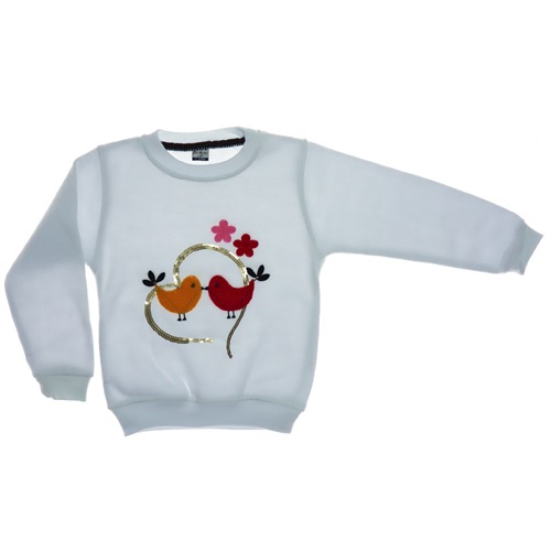 Kuş Nakışlı Üç İplik Kız Çocuk Sweatshirt 3-7 Yaş - Beyaz
