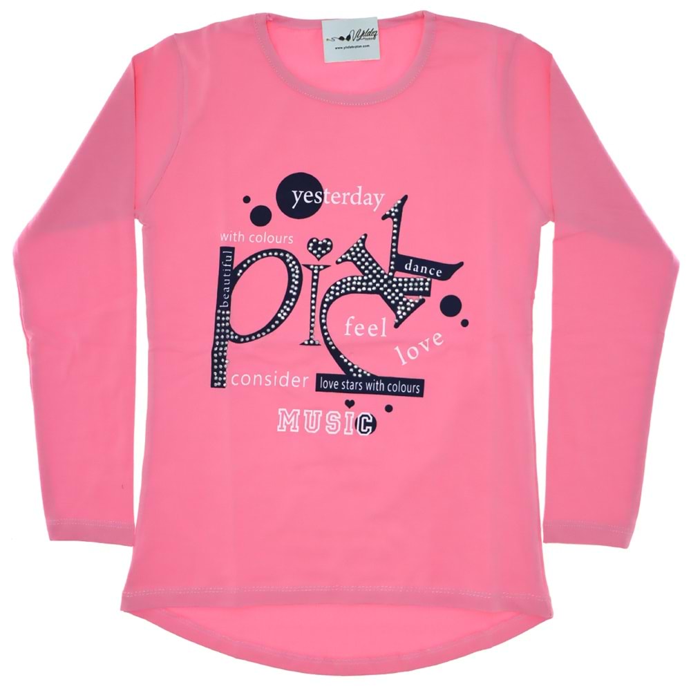 0327-Pink Baskılı Taşlı Kız Sweatshirt*5-8 Yaş